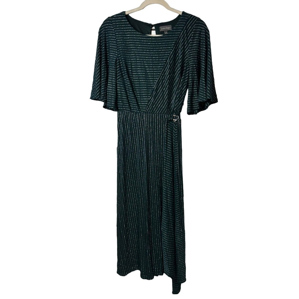 Luxology Ladies Dark Green Shimmer Stripe Holiday Dress Small Flowy Elegant Chic